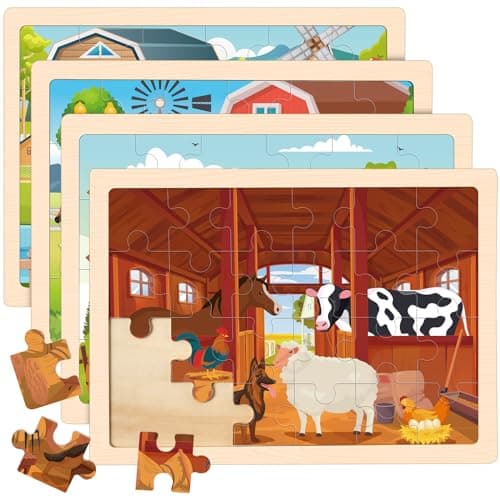 4in1 Farm Wooden Puzzles for Kids Ages 46 24 PCS Wooden Jigsaw Puzzles for Toddlers Ages 35 Preschool Educational Puzzles Boards Toys Gifts for 3 4 5 6 Boys Girls