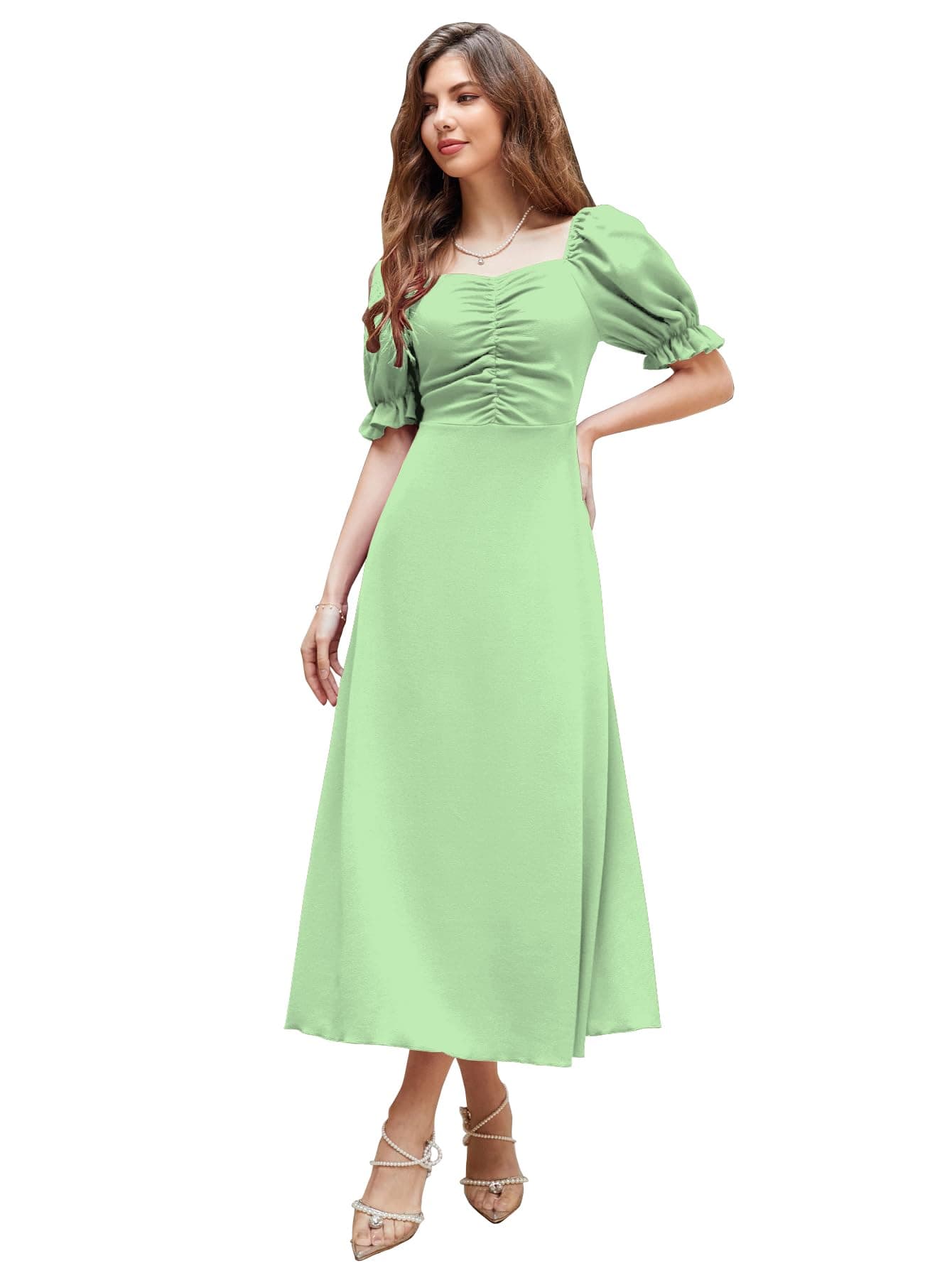 Shasmi Girl's & Women's Solid Pista A-Line Ruched Puff Sleeve Maxi Long Evening One Piece Long Dress for Women Stylish (Dress 131 Pista-M)