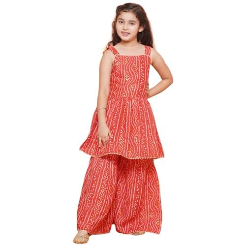 AJ DEZINES Kids Ethnic Wear Cotton Bandhani Printed Sleeveless A Line Red Kurta Sharara Set For Girls (G-1115-RED-26)
