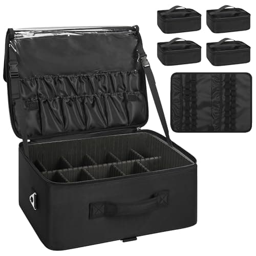 Relavel Extra Large Cosmetic Case, Travel Makeup Bag with 4 Clear Pouches & Lipstick Plate, Portable Cosmetic Case Storage Organizer Box for Makeup Artists with Shoulder Strap & Adjustable Dividers