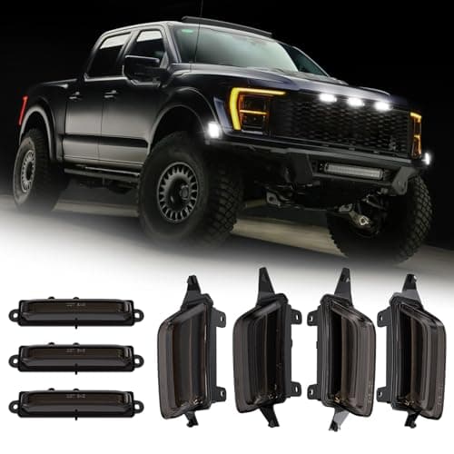 LED Front Grille Light & LED Fender Side Marker Compatible with F150 Raptor 2021-2025, 7PCS Aftermarket Grille & Front/Rear Marker Lamps Combo Kit, White Light Smoked Len