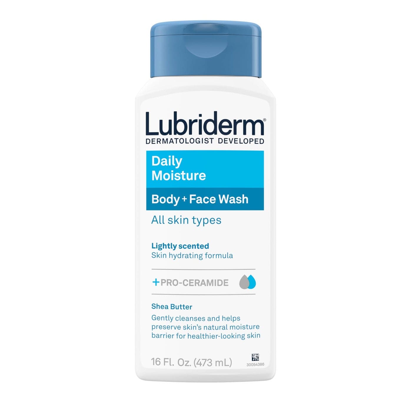 Lubriderm Daily Moisture Body Face Wash Hydrating Body Wash Moisturizing Facial Cleanser with ProCeramide Shea Butter to Gently Cleanse Light Fragrance Hypoallergenic 16 fl oz