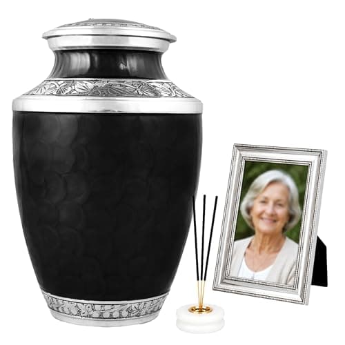 CLEENTABLE Handcrafted Metal Urn for Ashes Adult Male & Female - Cremation Urns for Human Adult - Decorative Funeral Urn - Secure Screw-Top Lid, Holds Up to 200 lbs 10" (Black & Silver)