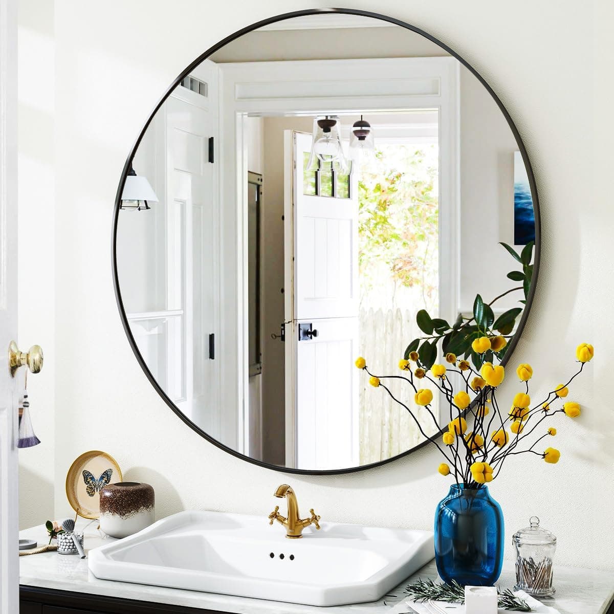 VooBang Black Round Bathroom Mirror 24 inch Circle Wall Mounted Hanging Mirror with Simple Modern Circular Metal Frame for Hallway Entryway Living Room Black Frame