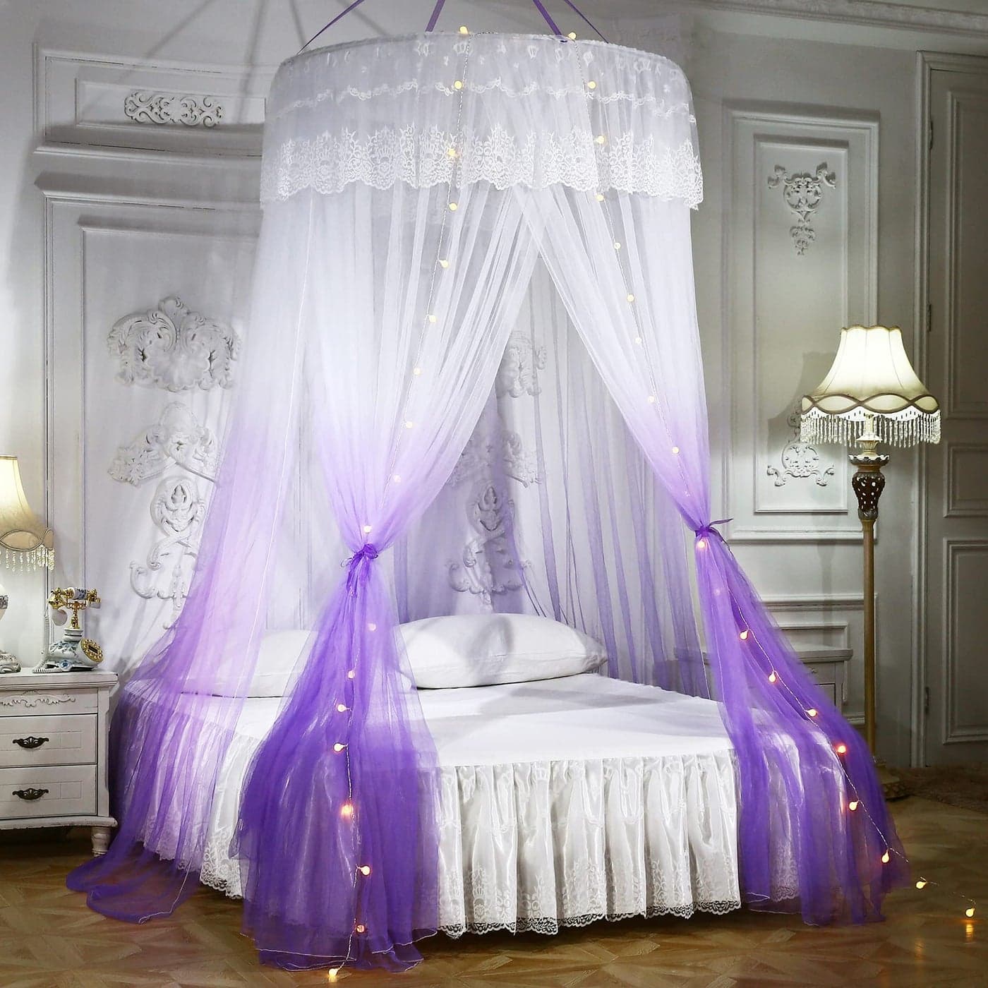 Mengersi Princess Bed Canopy with Lights Round Dome Bed Curtains Mosquito Net for King Queen Full Twin Size BedRound Canopy Led Lights Purple and White
