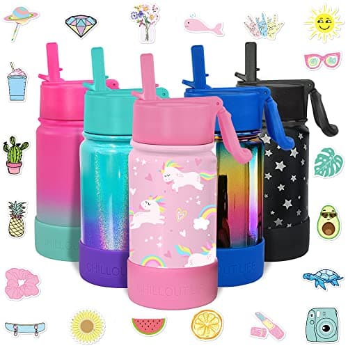 CHILLOUT LIFE 12 oz Kids Insulated Water Bottle for School with Straw Lid Leakproof and Cute Waterproof Stickers, Personalized Stainless Steel Thermos Flask Metal Water Bottle, Pink Unicorn