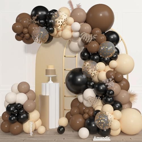 Amandir 153pcs Black Brown Balloon Garland Arch Kit Different Sizes 18 12 10 5 inch Nude Sand White Latex Metallic Confetti Balloons for Western Country First Rodeo Farm Birthday Party Decorations