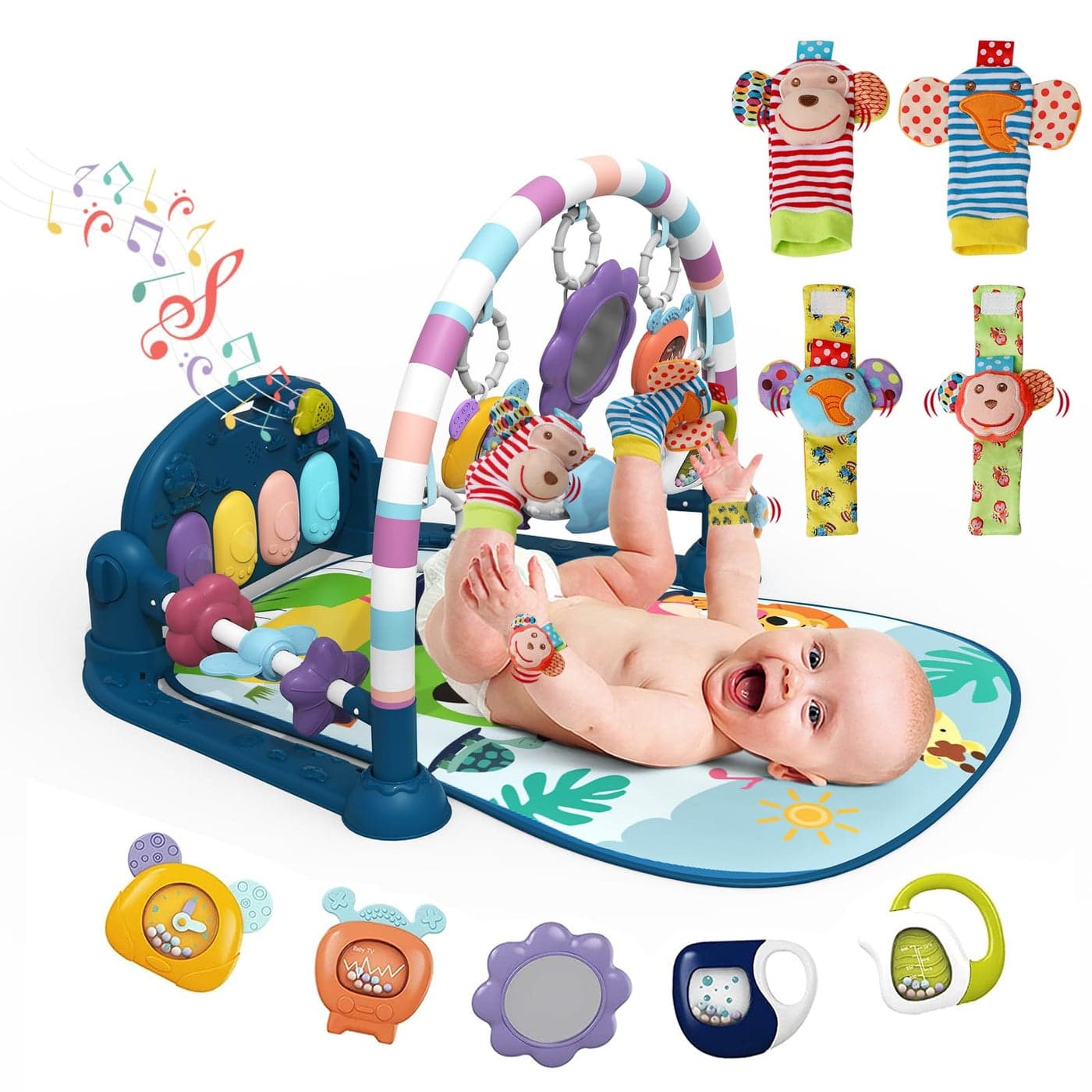 dearlomum Baby Play Mat GymFunny Play Piano Tummy Time Activity Mat with 5 Infant Sensory Toys 4 Wrist Rattle Socks Boy Girl Gifts for Newborn 0 to 3 6 9 12 MonthsBlue