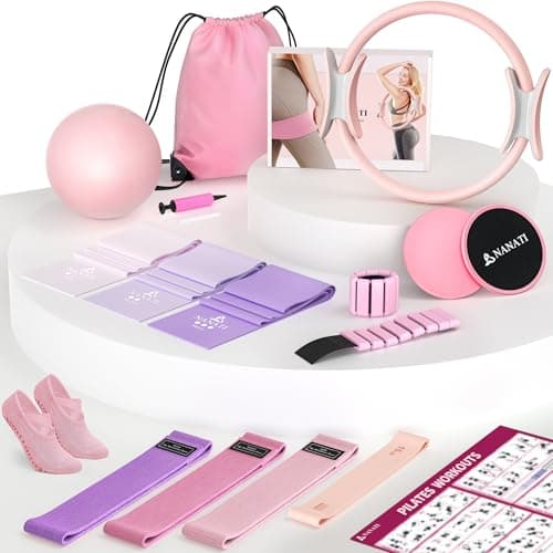 NANATI Pilates Kit 18PCS, Pilates Essentials Kit for Women Home Workouts, Pilates Equipment with 14.5" Pilates Ring and Ball,7 Resistance Bands,Ankle Weights,Sliders & Grip Socks for Beginners