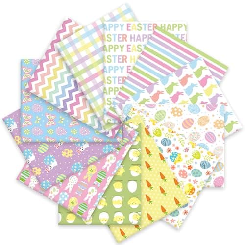 Whaline 12 Pcs Easter Cotton Fabric Bundles 10 x 10 Inch Colorful Easter Bunny Rabbit Egg Carrot Fabric Square Quilting Patchwork for Silly Goose DIY Craft Home Party Decor