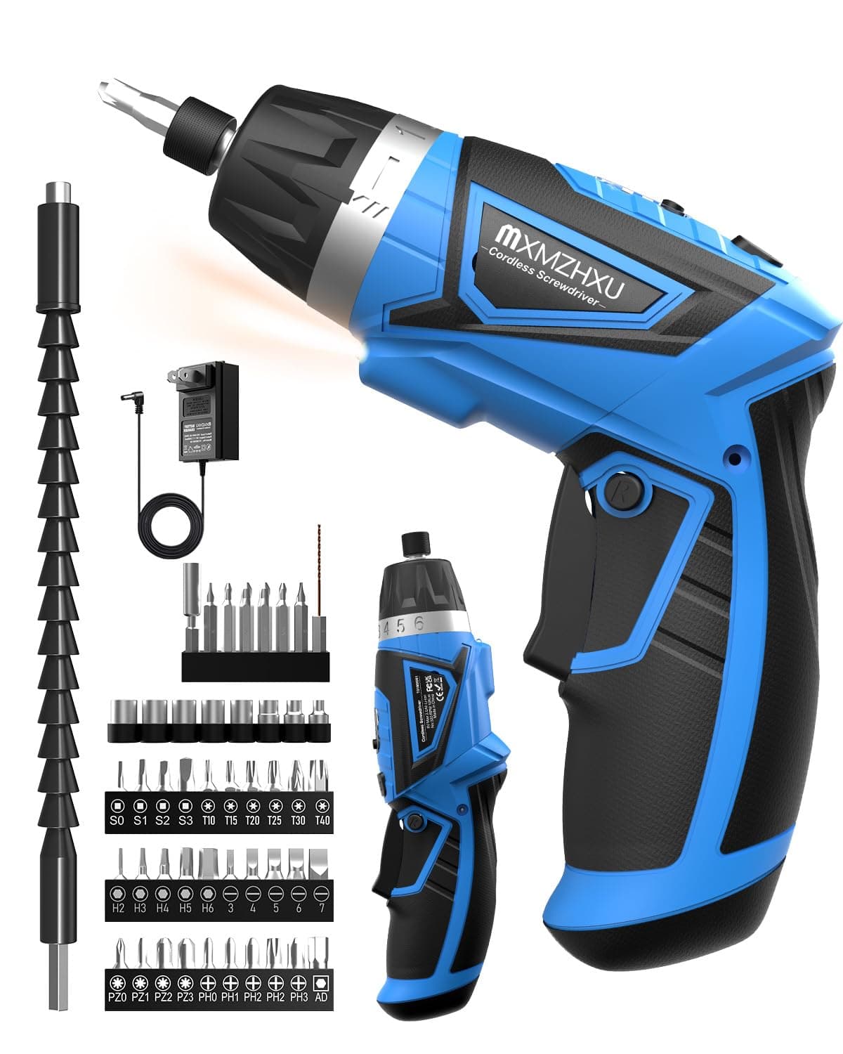 8V Cordless Screwdriver,6+1 Torque Max 10N·m Electric Power Screwdriver with 47 Accessories,180°Pivoting Handle, 2000mAh Rechargeable Screw Gun&Bit Set with LED Light, Flexible Shaft,for Home,Office