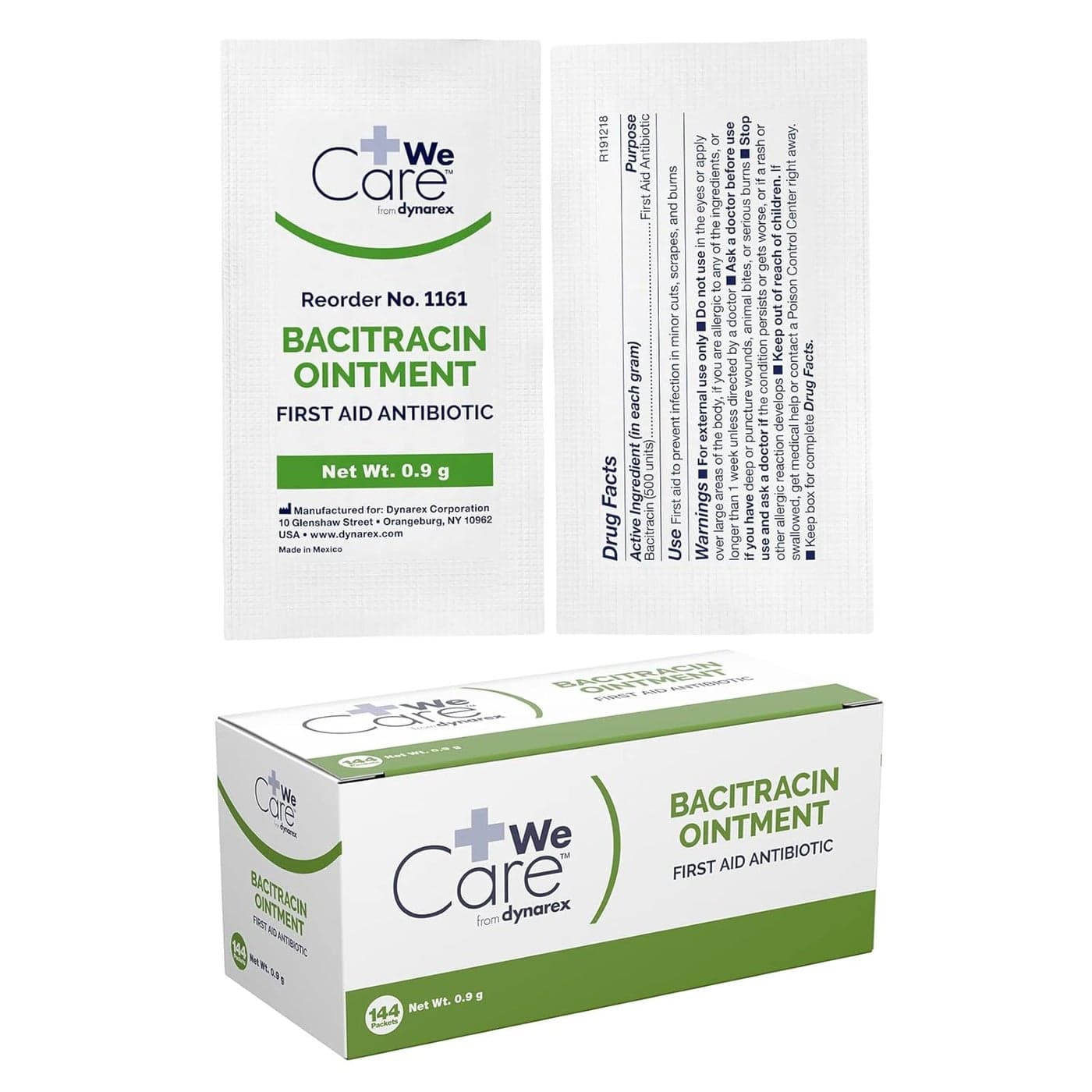 Dynarex Bacitracin Topical Ointment USP - First Response Wound Care Supplies for Minor Cuts, Scrapes & Burns - Helps Keep Wounds Clean - 1 Box of 144-0.9g Packets