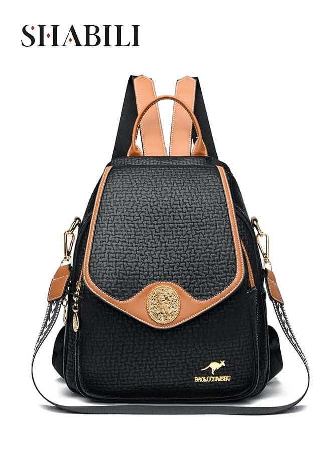 Women PU Backpack Back Bag Tourist School Shoulder Bag with Embossed Multi Pocket Contrast Color Stitching Lock Clasp Design, Ladies Teen Youth Casual Daily Party Travel Rucksack Carryall (Black)