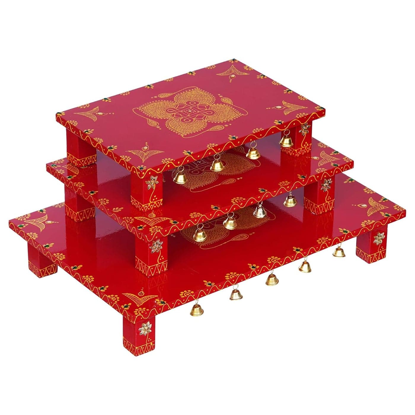 Ramkripa Art Religous Chowk Purna Design Red Pooja Chowki Stool for Home Decorations Puja Room Patala Diwali Gifts Set of 3 Pcs 18 L X 12 W X 3 H135 L X 95 W X 3 H12L X 8W X 25HInches