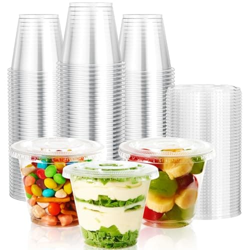 Vplus 200 Pack 9 OZ PET Plastic Cups with Flat Lids, Crystal Disposable Plastic Cups For Parfait, Fruit, Desserts, Snacks, Yogurt, and Jelly