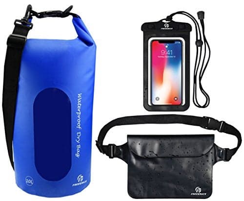Freegrace Waterproof Dry Bag Set of 3 Submersible Dry Sack with Double Zip Lock Seals Includes Waist Pouch Phone Case Perfect for Kayaking Swimming Boating Rafting Window 10L