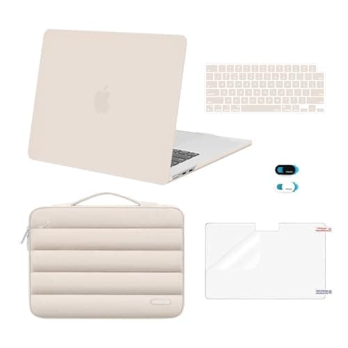 MOSISO Compatible with MacBook Air 15 inch Case 2025 2024 2023 Release M4 A3241 M3 A3114 M2 A2941 Touch ID, Plastic Hard Shell&Puffy Sleeve Bag&Keyboard Cover&Webcam Cover&Screen Film, Sand