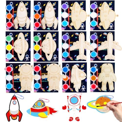 JOTIKO 12 Pack Space Party Favors Wooden Keychains Painting Kits Toy Arts Crafts for Kids Out Space Astronaut Birthday Party Return Gifts Activities Goodie Bag Stuffers Classroom Prize Exchange