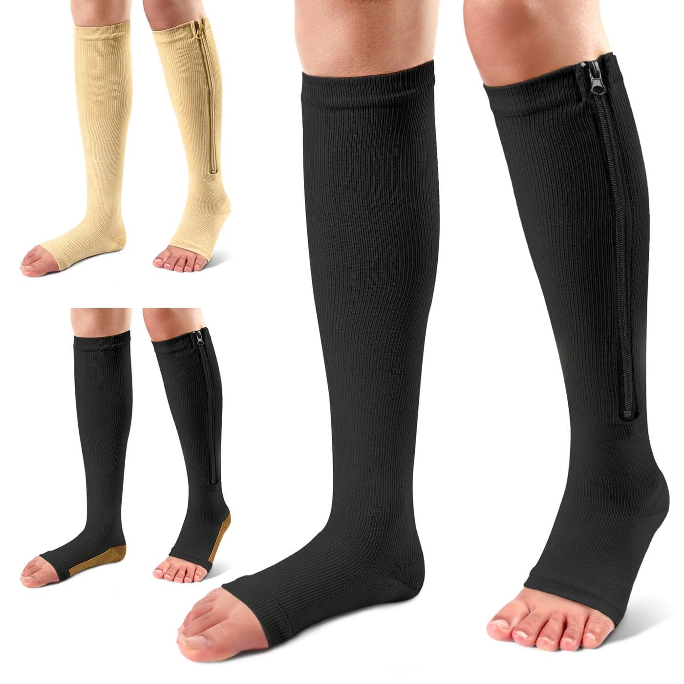 3 Pairs Compression Socks with Zipper 1520 mmHg Medical Knee High Compression Socks for Men Women Open Toe Socks for Varicose Veins Edema Recovery Blackbeigeblack Copper
