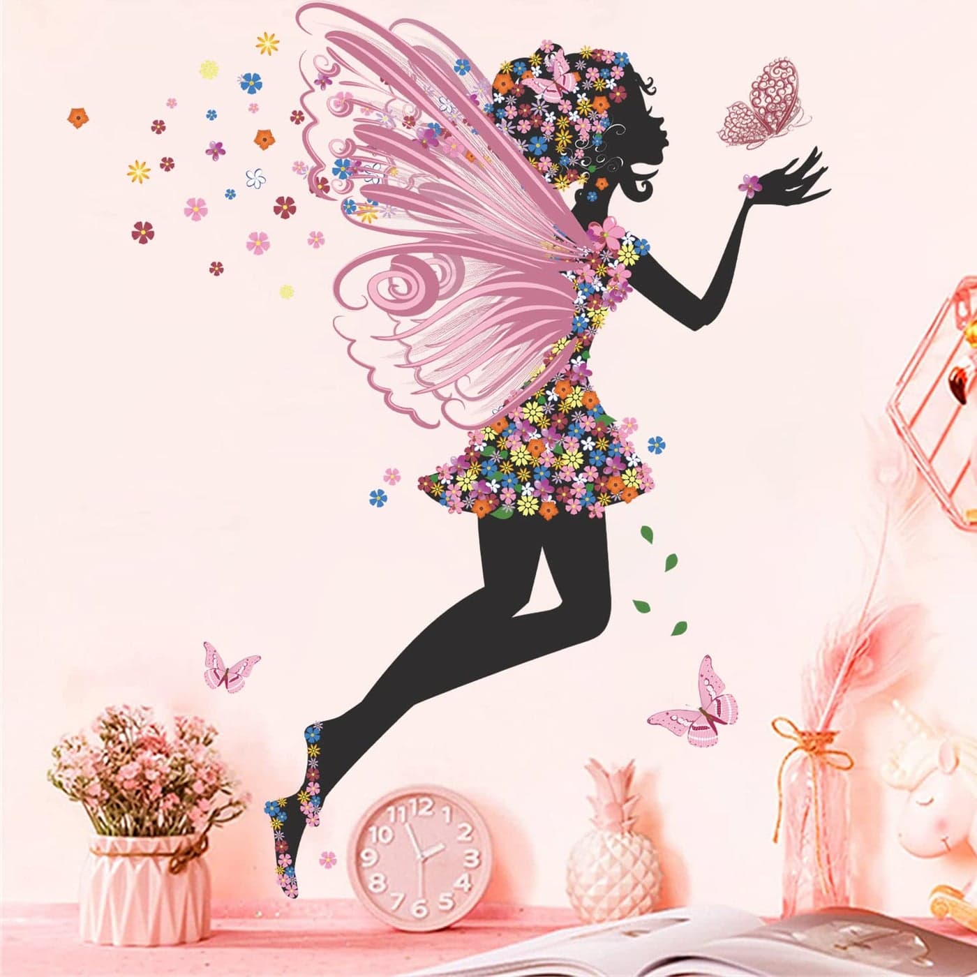 Supzone Butterfly Girl Wall Stickers Flowers Fairy Wall Decal Removable Vinyl Art Stickers for Girls Baby Nursery Kids Bedroom Living Room Bathroom Decor Mural