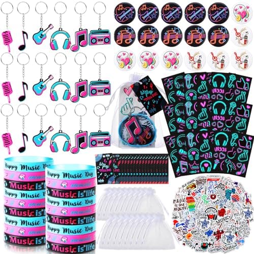 Geyoga 158 Pcs Music Party Favors Music Themed for 18 Stickers Silicone Bracelets Keychain Pin Badges Luminous Tattoo Sticker Organza Bag Musical Cards for Teens Holiday Birthday Social Dance Party