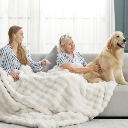Cozy Bliss Faux Fur Throw Blanket for Couch Fuzzy Soft Plush Thick Bubble Blanket for Sofa Bedroom Living Room 60 80 Inches Cream White