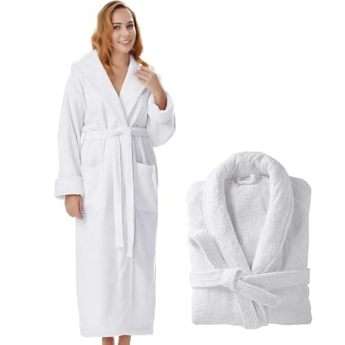 KAHAF COLLECTION Cotton Terry Robes for Women and Men, Lightweight Terry Shawl Collar Bathrobe, Full Length, ONE SIZE - UNISEX Men & Women Spa Robe (Cotton, White)