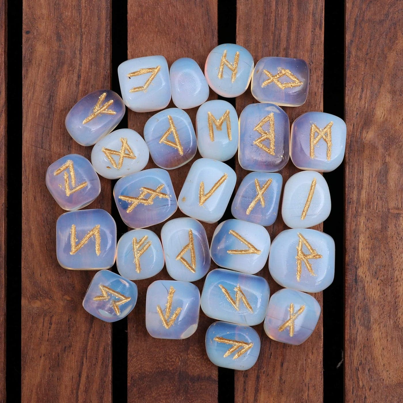 Crocon Opalite Engraved Rune Stones Set 25 Pcs for Beginners with Elder Futhark Alphabets for Healing Chakra Crystals Reiki feng Shui Runes Set with a Pouch Rune Size 1520 mm