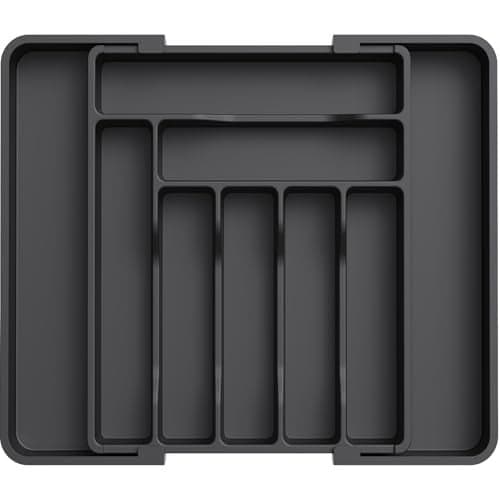 Lifewit Silverware Drawer Organizer, Expandable Utensil Organizer for Kitchen Drawers, Adjustable Cutlery and Flatware Tray, Plastic Spoons Forks Knives Holder Storage Dividers, Medium, Black