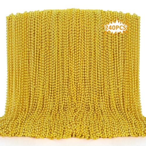 EOBOH 240PCS Mardi Gras Beads 33 Gold Bead Necklaces Stuff Mardi Gras Christmas Necklace Costume Festival Parade Throw Accessories for Wedding Birthday Pirate Party School Activities Supplies