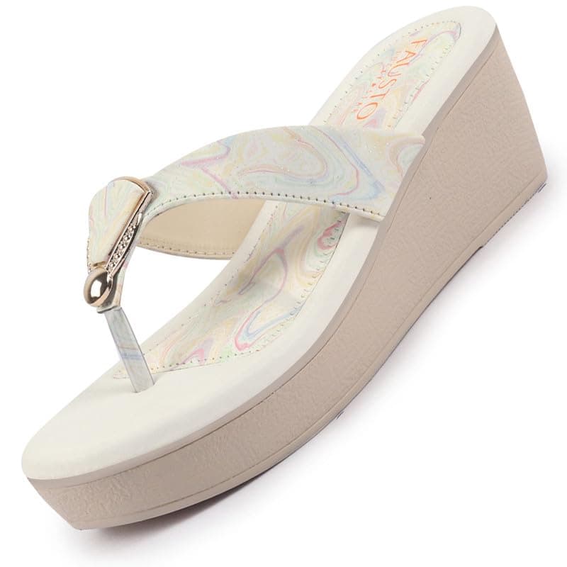 FAUSTO FST KI-664 MULTI-41 Women's Multi Abstract Print Glossy Buckle T Strap Wedge Sandal With Cushioned Footbed|Broad Feet Sandal For Party|Festive|Wedding (8 UK)