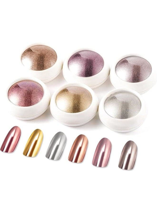 Chrome Nail Powder 6 Jars Rose Gold Mirror Effect Manicure Pigment Glitter Dust for Salon Home DIY Nail Art Deco with 6 Eyeshadow Sticks