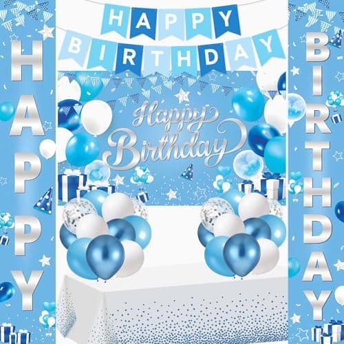 Light Blue Birthday Party Decorations Light Blue Birthday Banner with Tablecloth Porch Banner Backdrop Latex Confetti Balloons Party Supplies for Boys Girls Women Men Bday Indoor Outdoor