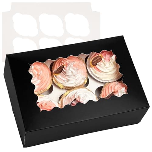 Bakepacker Auto-pop up 6 Cupcake Boxes with Window 20 Count Black Box 9.4 x 6.1 x 3 inch Cupcake Carrier