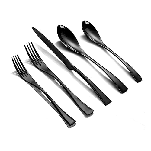 Lemeya 20 Pieces Black Silverware Set for 4,Heavy Duty 18/10 Stainless Steel Flatware Set with Forged Stand Knives,Modern Cutlery Utensil Set,Mirror Polished,Dishwasher Safe