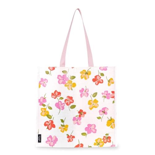kate spade new york Reusable Shopping Bag, Grocery Tote with Shoulder Straps, Large Collapsible Tote, Spring Pansies