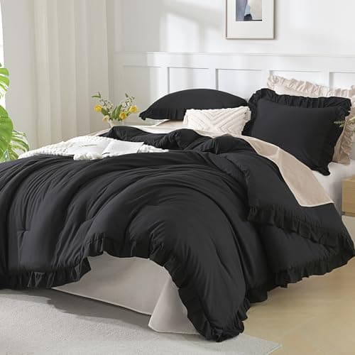 Andency Black Queen Comforter Set, 3 Pieces Farmhouse Shabby Chic Bedding Comforter & Sets for Queen Bed, Soft Lightweight Fluffy All Season Down Alternative Bed Set for Men Women