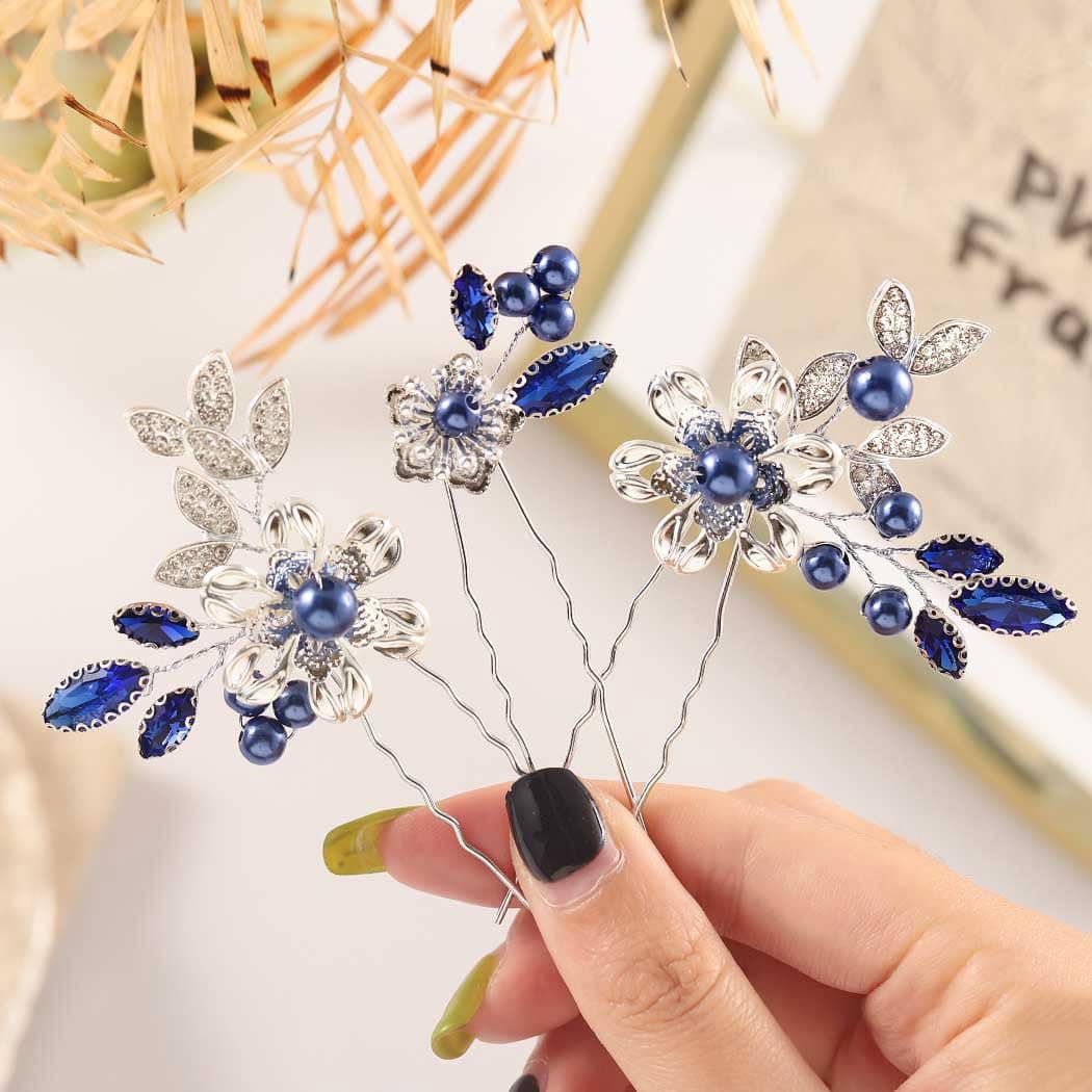Casdre Crystal Bride Wedding Hair Pins Silver Pearl Bridal Hair Pieces Flower Hair Accessories for Women and GirlsPack of 3 B Blue