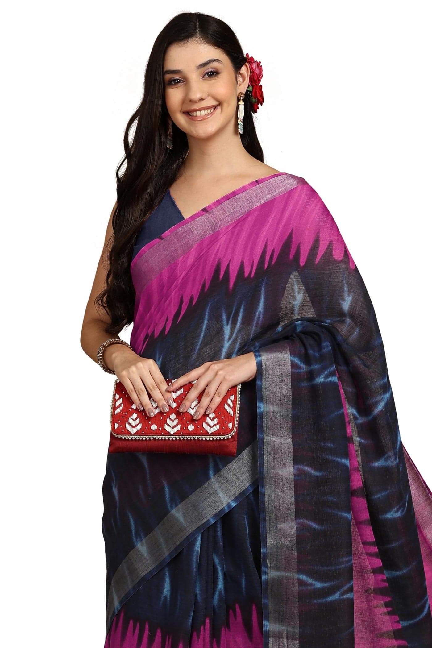 MIRCHI FASHION Women's Cotton Blend Floral Printed Saree with Blouse Piece (50471 - Light Sky Blue, White)