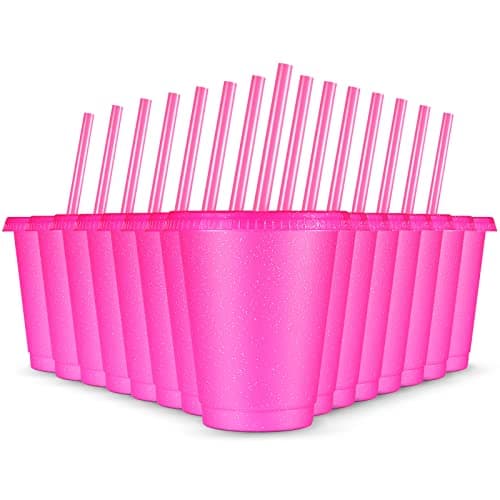 Rtteri 15 Pcs Reusable Cups with Straws and Lids 16 oz Glitter Tumblers Plastic Party Favor Cups with Lids Travel Mug Tumbler for Christmas Party Iced Beverage Water(Rose Red)