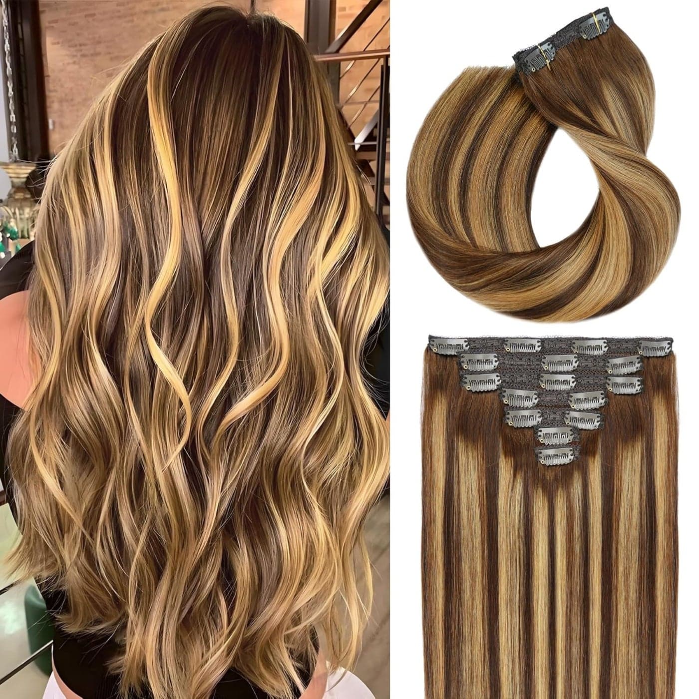 Clip in Hair Extensions Real Human Hair 18 Inch Thick End Hair Extensions Clip ins 120g 7pcs Balayage Chocolate Brown to Caramel Blonde Seamless Hair Extensions for Women