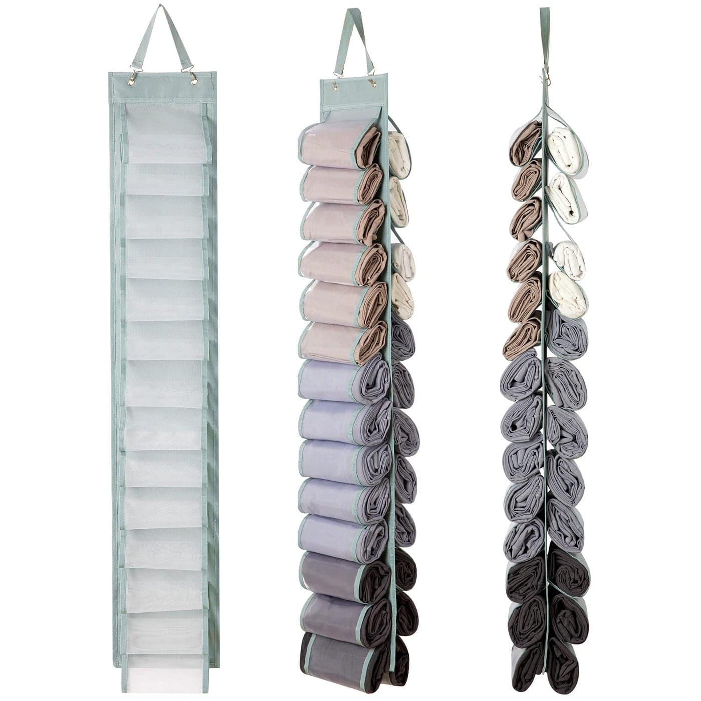 DHSFKBE Legging Organizer Storage TShirt Hanging Closet Hanging Clothes Organizer with 26 Roll Compartments for Yoga Pants Tank Top Towel Underwear Shirt Grey