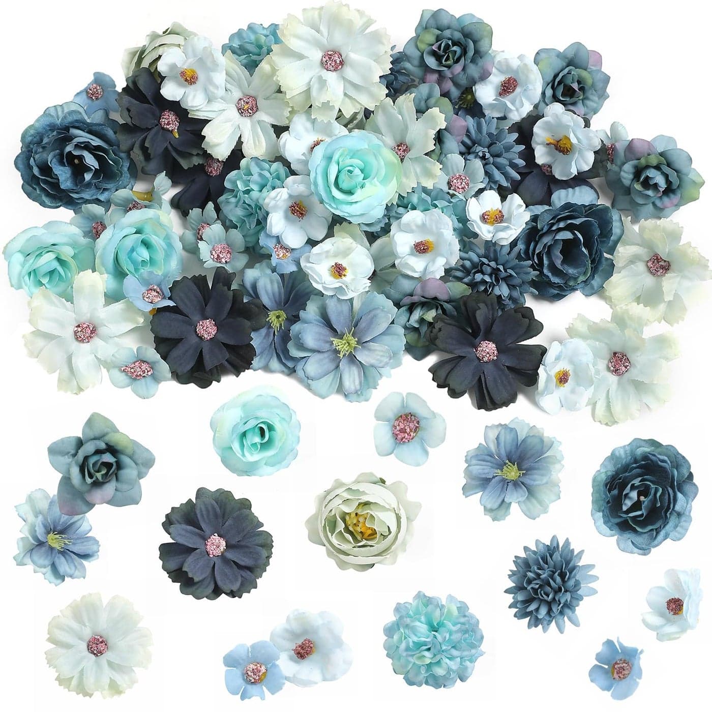 rongflower Faux Flower Heads Small Silk Artificial Flower DIY Fake Mini Flowers Rose Daisy Multicolor Flowers Craft Supplies for Wedding Party Wreath Graduation Season Party Home Decor 45 Blue
