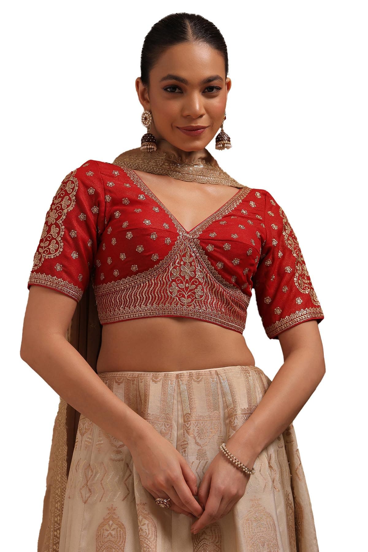 Soch Womens Red Georgette Embroidered Padded Blouse with Zari