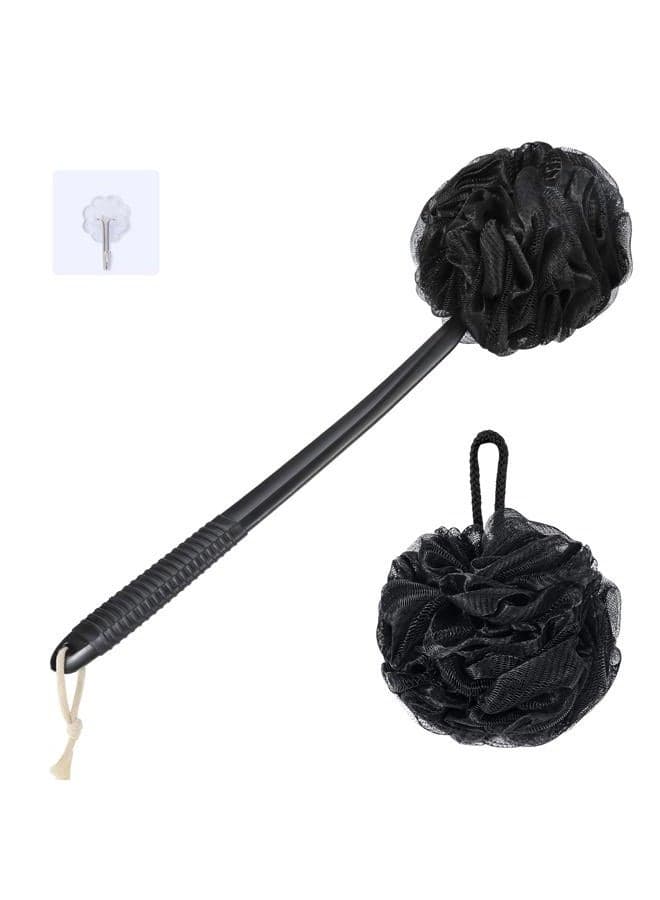 Loofah Sponge Set Loofah Exfoliating Body Scrubber, Anti-Slip Plastic 17" Handle Loofah on a Stick with Fluffy Shower Sponge, PE Soft Mesh Shower Loofahs-Black