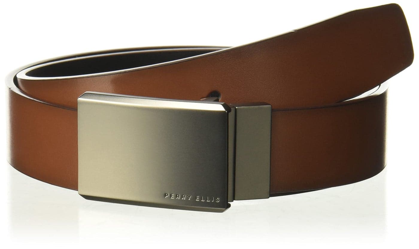 Perry Ellis Men's Portfolio 100% Leather Reversible Belt With Matte Gunmetal Plaque Buckle (Sizes 30-44 Inches), Brn30, 36