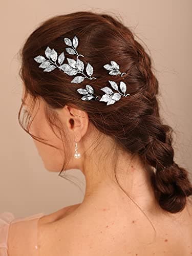Kercisbeauty Silver Leaf Hair Pins Set (6PCS): Handmade Crystal Hair Pieces for Bohemian Weddings and Occasions