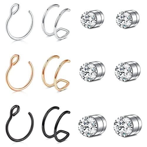 JFORYOU Fake Nose Ring Hoop Faux Nose Piercing Non Piercing Fake Nose Piercing Double Fake Nose Rings for Women Men