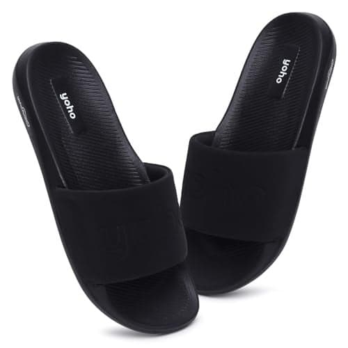 YOHO Oura Sliders for Men | Feather-Light EVA Sole | Durable PU Upper | Soft Lycra Lining | Cushioned Everyday Wear | Minimal Branding | Water-Resistant Design | Classic Black - UK 7