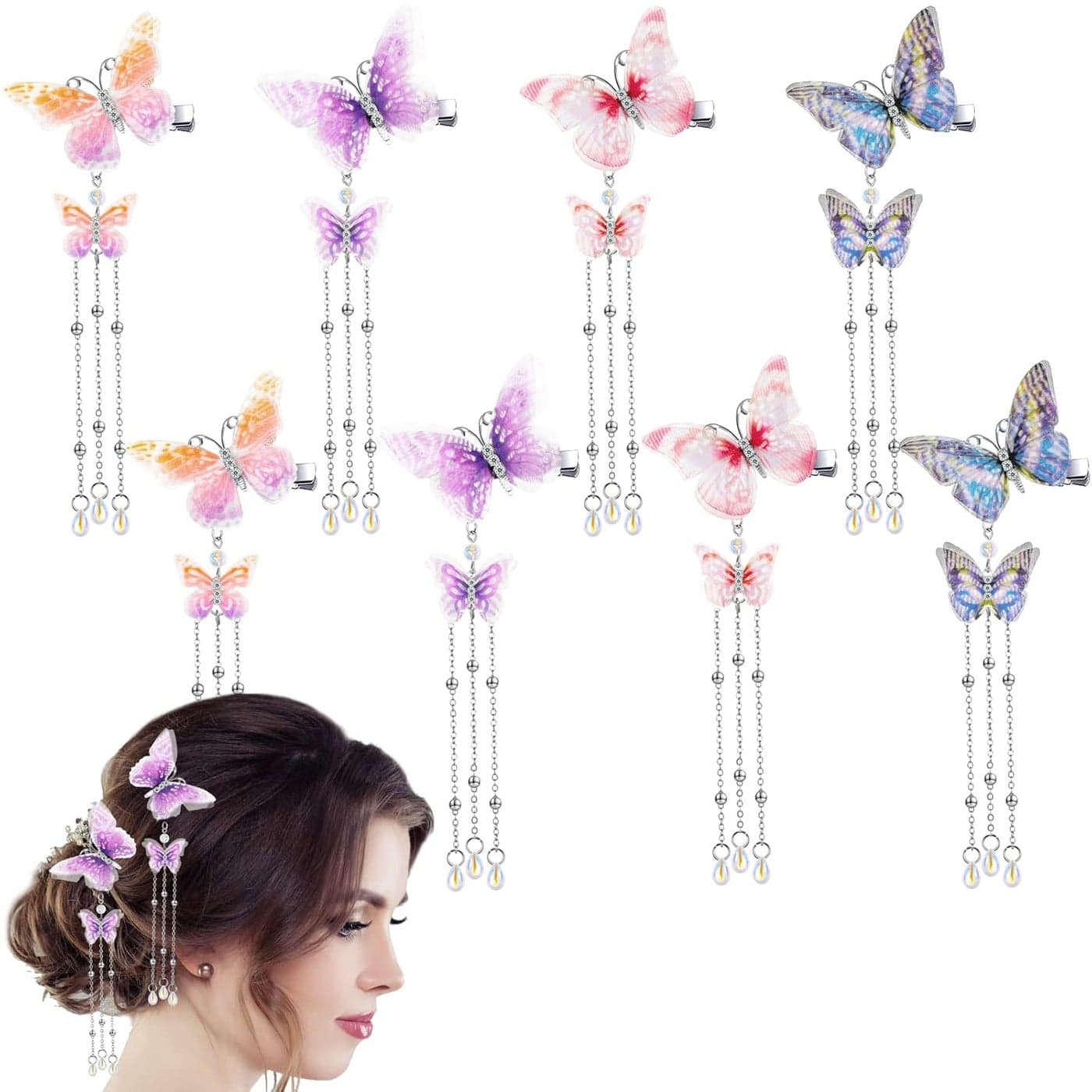 BBTO 8 Pcs Tassel Butterfly Hair Clips Christmas 3D Butterfly Hair Pins Cute Organza Hanging Ear Butterfly Hair Accessories for Bride Wedding party womenBright Color